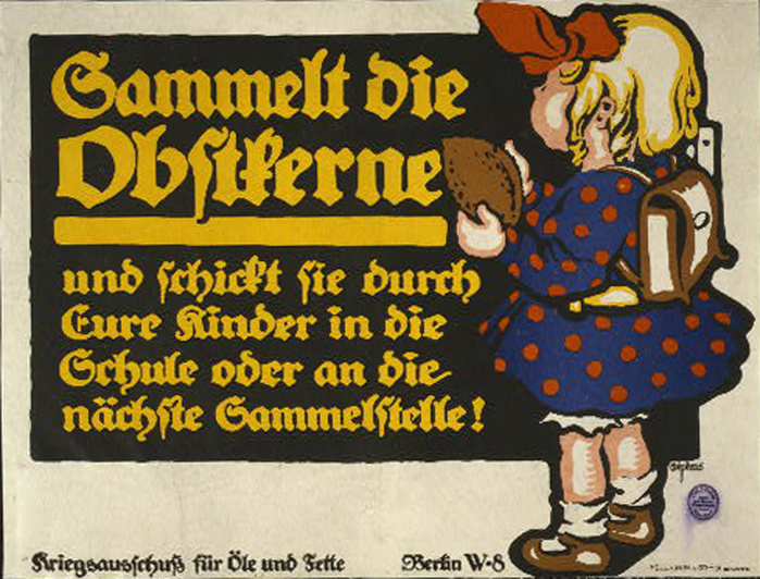 World War I 1914-1918 German poster telling people to save fruit stones. Little schoolgirl with a plum stone in her hand. Issued by War Commission for Oils and Fats, 1916. Julius Gipkens (1883-1966) German Graphic artist.