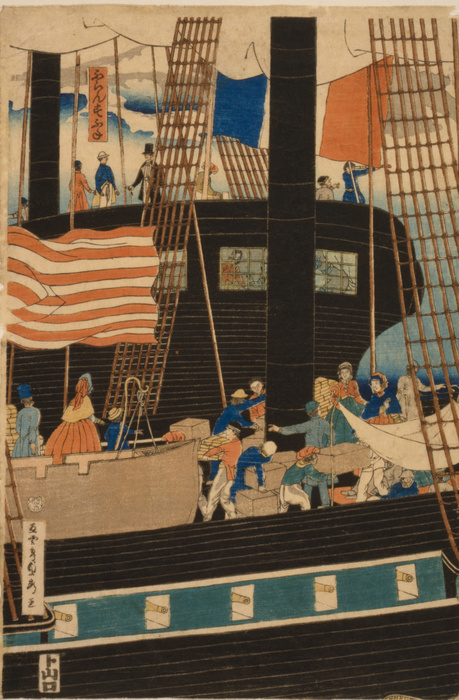 Yokohama  city  Unloading  an American ship in Yokohama harbour, Japan, 1861. Utagawa Sadahide  1807 1878 79  Japanese Ukiyo e artist. United States  Flag Rigging Bustle European Commerce Trade