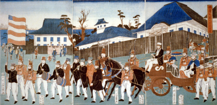 Yokohama  city  Triptych showing a parde of foreigners, Yokohama,  in a horse drawn open carriage and led by man carrying the stars and stripes, and a military band,1861. Utagawa Yoshigawa  actives 1850 1870  Japanese ukiyo e artist.