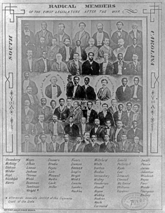 Photomontage of radical members of the first South Carolina legislature after the American Civil War. Each member is  identified.
