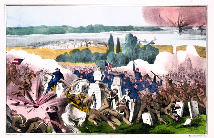 American Civil War 1861-1865: The Battle of Baton Rouge (Magnolia Cemetery), Louisiana, 5 August 1862.  Land and naval battle.  Union (Northern) victory over the Confederates (Southern)  forces.  Currier & Ives print 1862.