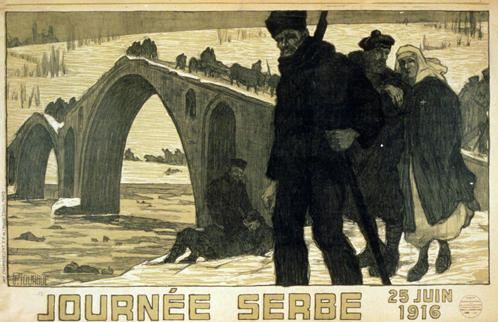 Journee Serbe, 25 June 1916, anniversary of Battle of Kossovo. Serbs crossing River Drina into Albania. World War I French poster.  Conquered by Austro-Hungary, Germany and Bulgaria, Serbia suffered military and civilian casualties.
