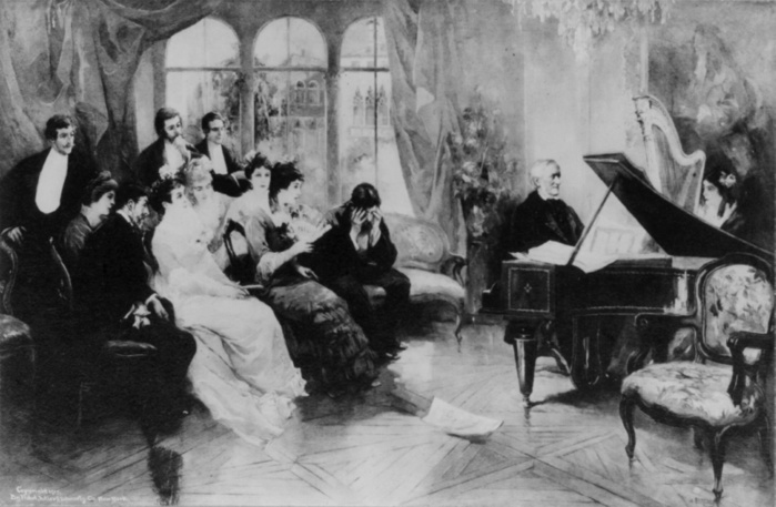 Richard Wagner (1813-1883) German composer and conductor, seated at a grand piano, playing music from his opera 'Parsifal' for an intimate group of friends.  Print c1915.