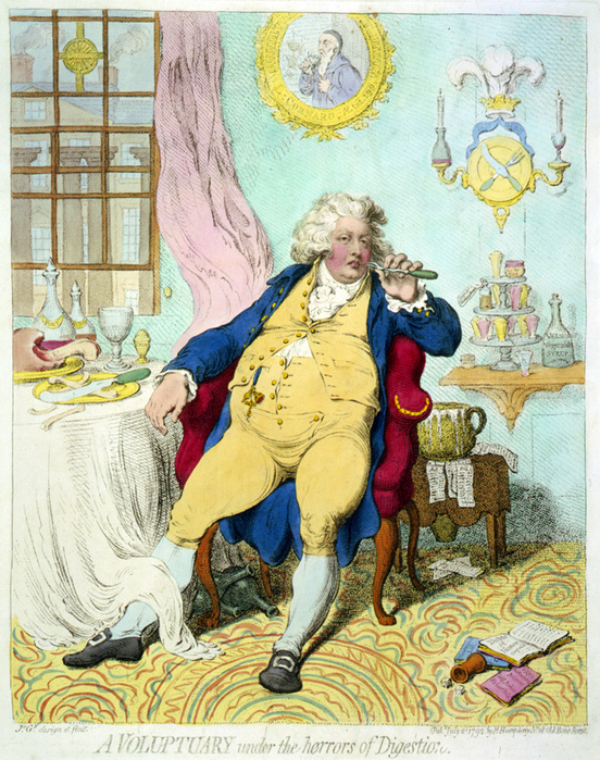 A voluptuary under the horrors of digestion:  Caricature of George IV as the Prince of Wales, languid with repletion, leaning back in an arm-chair, at a table covered with remains of a meal, holding a fork to his mouth. 1800's