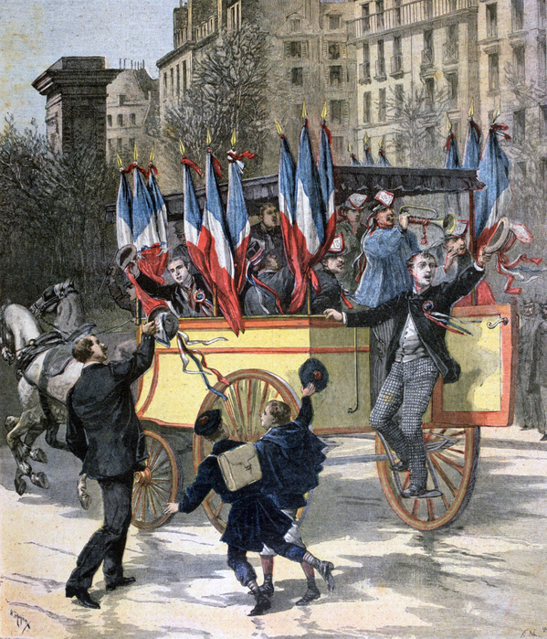 French army conscripts setting out for training. In 1892 10% less young men eligible for conscriptions than usual, perhaps due to the Franco-Prussian War twenty years earlier. 'Le Petit Journal', Paris, 5 March 1892.  France Military