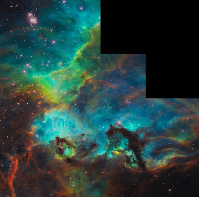 Star Cluster NGC 2074 in the Large Magellanic Cloud. A small portion of the nebula near the star cluster NGC 2074 (upper, left). The region is a firestorm of raw stellar creation, perhaps triggered by a nearby supernova explosion. It lies about 170,000 light-years away near the Tarantula nebula, one of the most active star-forming regions in our Local Group of galaxies. The three-dimensional-looking image reveals dramatic ridges and valleys of dust, serpent-head 'pillars of creation,' and gaseous filaments glowing fiercely under torrential ultraviolet radiation. The seahorse-shaped pillar at lower, right is approximately 20 light-years long, roughly four times the distance between our Sun and the nearest star, Alpha Centauri. The region is in the Large Magellanic Cloud (LMC), a satellite of the Milky Way galaxy. This representative color image was taken on August 10, 2008, with Hubble's Wide Field Planetary Camera 2. Red shows emission from sulfur atoms, green from glowing hydrogen, and blue from glowing oxygen.