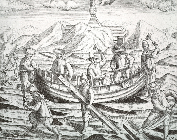 Illustration depicting Dutch explorer William Barents on his expedition to New Zembla.  A group of carpenters is shown repairing a small boat during the expedition of 1596-7.Nova Zembla Island ('New Land') is an uninhabited island in the Qikiqtaaluk Region of Nunavut, Canada. It is located in Baffin Bay off the north-eastern coast of Baffin Island.