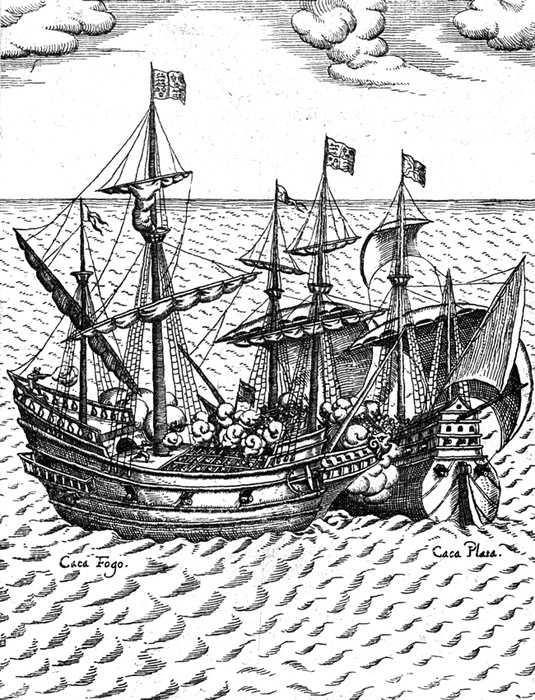 The capture of the Cacafuego, the Spanish treasure-ship, by Sir Francis Drake 1579 in the vicinity of Esmeraldas, Ecuador.  Laden with the treasure from ''Cagafuego'', Golden Hind sailed towards Plymouth, which he reached on September 26, 1580.