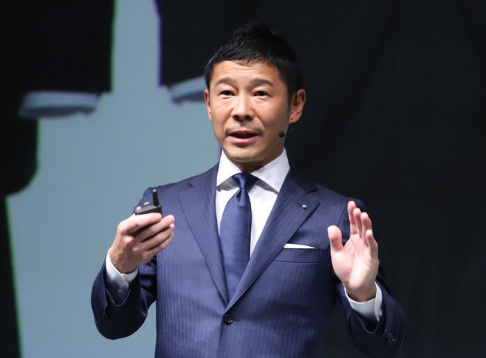 Start Today Announces Sales of Fully Ordered Suits July 3, 2018, Tokyo, Japan   Japan s online fashion website  ZOZOTOWN  operator Start Today president Yusaku Maezawa announces they will enter business suits market by its private brand at a presentation in Tokyo on Tuesday, July 3, 2018. Start Today will change the company name to ZOZO and will launch casual apparel line up to global amrket.        Photo by Yoshio Tsunoda AFLO  LWX  ytd 
