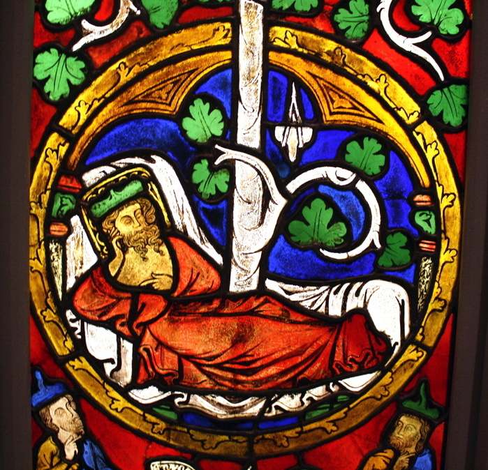 Tree of Jesse Window:  The Reclining Jesse, King David and Scenes from the Life of Jesus.  Pot-metal glass, vitreous paint and lead.  German, Swabia.  Painted 1280-1300.  The book of Isaiah presents Jesse, an ancestor of Jesus, as the root of a great tree, a symbol of his illustrious progeny.