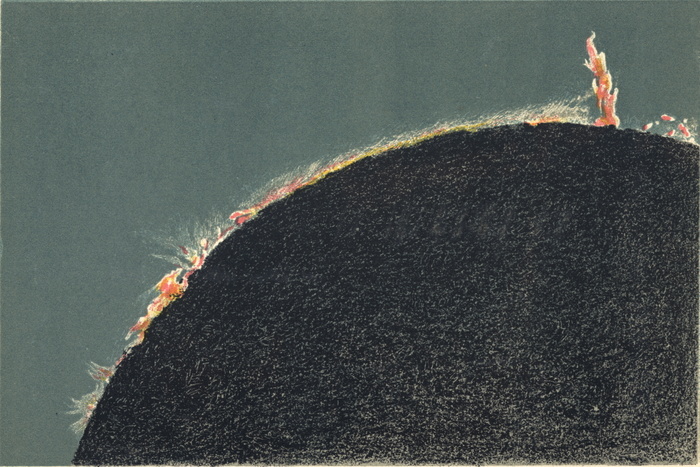 'Solar prominences viewed through a telescope during a total solar eclipse. Chromolithograph, London, 1883.'