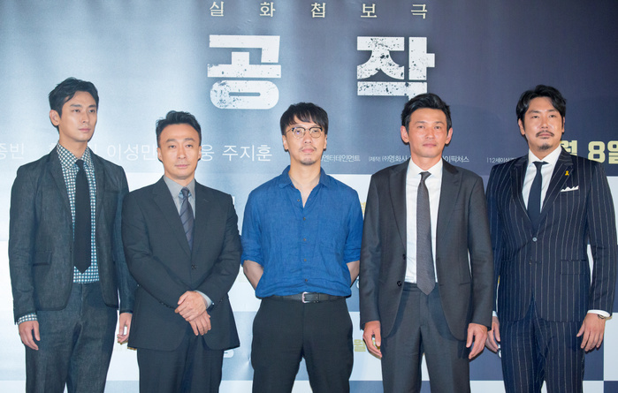 South Korean film director Yoon poses with cast members Ju, Lee, Hwang and Cho at a press conference for their new film  The Spy Gone North  in Seoul Ju Ji Hoon, Lee Sung Min, Yoon Jong Bin, Hwang Jung Min and Cho Jin Woong, Jul 31, 2018 : South Korean film director Yoon Jong bin  C  poses with cast members Ju Ji hoon  L , Lee Sung min  2nd L , Hwang Jung min  2nd R  and Cho Jin woong  R  at a press conference The spy film tells the story of a South Korean spy who goes undercover as a businessman in North Korea in the 1990s. The spy film tells the story of a South Korean spy who goes undercover as a businessman in North Korea in the 1990s to infiltrate North s nuclear facilities using the codename  Black Venus .  Photo by Lee Jae Won AFLO   SOUTH KOREA 