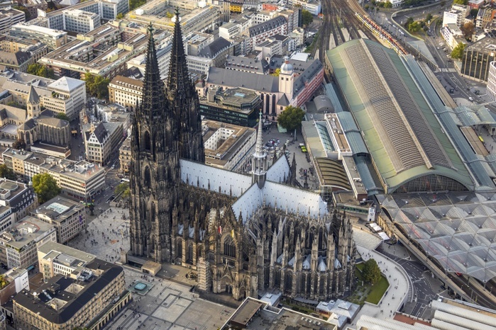 Cologne, Germany Cologne Cathedral and Cologne Central Station, Cologne Main Station, Domplatte, next to the Roman Germanic Museum, Cologne, Rhineland, North Rhine Westphalia, Germany, Europe, Photo by Hans Blossey