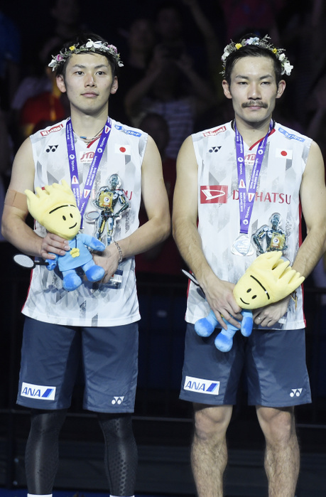 2018 Badminton World Championships Men s Doubles Awards Ceremony   Sonoda and Kamura Silver Medal Takeshi Kamura  JPN , Keigo Sonoda  JPN , AUGUST 5, 2018   Badminton : Silver medalist Takeshi Kamura and Keigo Sonoda of Japan pose with his medal on the podium during the medal ceremony for The BWF World Championships 2018 Men s Doubles at Nanjing Youth Olympic Games Sport Park in Nanjing, China.  Photo by Itaru Chiba AFLO 