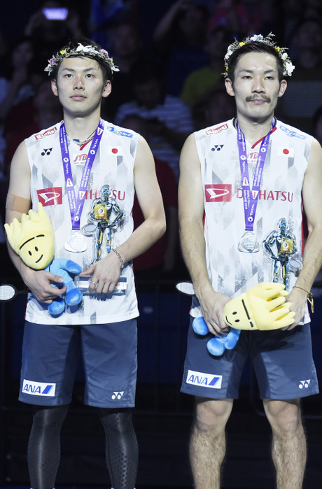 2018 Badminton World Championships Takeshi Kamura  JPN , Keigo Sonoda  JPN , AUGUST 5, 2018   Badminton : Silver medalist Takeshi Kamura and Keigo Sonoda of Japan pose with his medal on the podium during the medal ceremony for The BWF World Championships 2018 Men s Doubles at Nanjing Youth Olympic Games Sport Park in Nanjing, China.  Photo by Itaru Chiba AFLO 