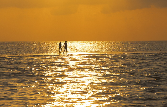 Silhouette of couple walking on a sandbank at sunset, Maldives, Indian Ocean, Asia Silhouette of couple walking on a sandbank at sunset, Maldives, Indian Ocean, Asia, Photo by Sakis Papadopoulos