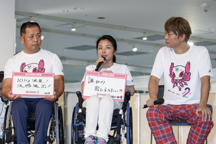 Tokyo 2020 Paralympics 2 years before the opening of the games  L to R  Rower Daisuke Maeda, shooter Aki Taguchi and actor Shingo Katori, attend a Tokyo 2020, 2 Years to Go  countdown event at the MegaWeb complex on August 25, 2018, Tokyo, Japan. Japanese athletes, celebrities and officials attended the event marking the start of the 2 year countdown to the 2020 Tokyo Paralympic Games.  Photo by Rodrigo Reyes Marin AFLO 