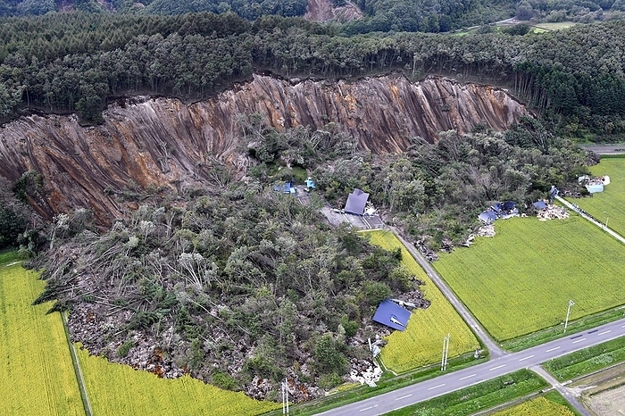 Aerial view of the landslide site in Atsuma Town, which was hit by a magnitude 7 earthquake in Hokkaido, Japan. The site of a landslide in Atsuma Town, where an earthquake measuring 7 on the Japanese scale of seven on the Japanese scale of seven was recorded. A number of people were killed in a landslide triggered by a magnitude 7 earthquake that struck southwestern Hokkaido on March 6. Even parts of the city of Sapporo, located somewhat far from the quake site, suffered major damage due to liquefaction. Atsuma Town, Hokkaido. Taken from a helicopter chartered by the head office on September 6, 2018. The same September 9 morning edition,  Hokkaido Earthquake: Seismic intensity of 6 or lower, widespread, strain accumulating near fault zone.