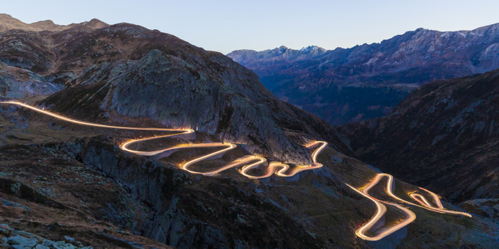 Tremolastrasse, Gotthardpass, alte Passstrasse, Tessin Switzerland, Valais, Alps, Gotthard pass in the evening