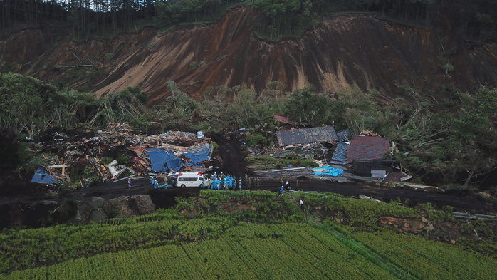 Japan Earthquake HOKKAIDO, JAPAN   SEPTEMBER 08: Photo taken on September 8, 2018 shows an aerial view of rescue operation after the massive landslide that destroys several homes and killing several people and leaving dozens still missing in Atsuma town, Hokkaido, northern Japan. A powerful Magnitude 7 earthquake hit wide areas of Hokkaido early Thursday, triggering landslides as well as causing the loss of power.  Photo: Richard Atrero de Guzman Aflo 