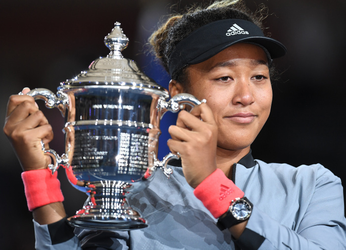 2018 US Open Women s Final Naomi Osaka Wins First Grand Slam Naomi Osaka of Japan celebrates with the trophy during the award ceremony after winning the women s singles final match of the US Open tennis tournament at Arthur Ashe Stadium, USTA Billie Jean King National Tennis Center in Flushing, Queens, New York City, United States, September 8, 2018.  Photo by AFLO 