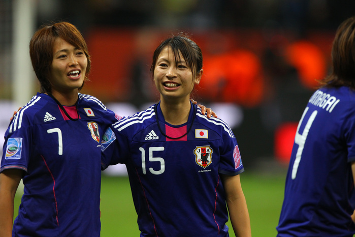 2011 FIFA Women s World Cup Nadeshiko Japan wins first place  L R  Kozue Ando, Aya Sameshima  JPN , JULY 17, 2011   Football   Soccer : Japan s Kozue Ando and Aya Sameshima celebrate after winning the FIFA Women s World Cup Germany 2011 Final match between Japan 2 3 1 2 United States at Commerzbank Arena in Frankfurt am Main, Germany.