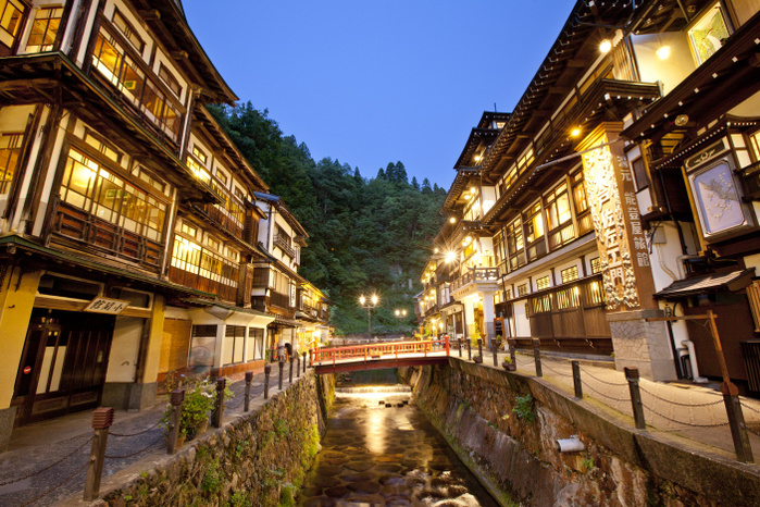 Yamagata Prefecture Ginzan Onsen town with inns lining both banks of the Ginzan River