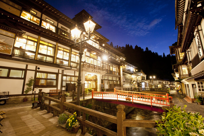 Yamagata Prefecture Ginzan Onsen town with inns lining both banks of the Ginzan River