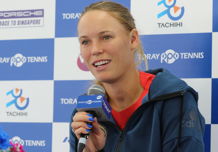 2018 Toray Pan Pacific OP September 17, 2018, Tokyo, Japan   Top seeded Caroline Wozniacki of Denmark speaks before press as she will play at the Toray Pan Pacific Open tennis tournament in Tokyo on Monday, September 17, 2018. WTA tournament started at the Tachikawa Tachihi Arena.   Photo by Yoshio Tsunoda AFLO  LWX  ytd 