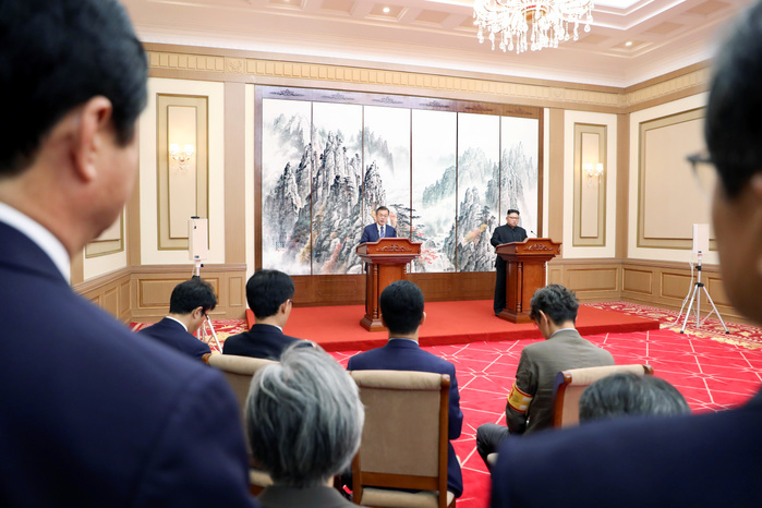 Inter Korean Summit in Pyongyang  Inter Korean Summit, Sep 19, 2018 : North Korean leader Kim Jong Un and South Korean President Moon Jae In attend a joint press conference after their summit at the Paekhwawon State Guest House in Pyongyang, North Korea. North Korean leader Kim agreed to permanently dismantle major missile engine test facilities and a launch pad near its border with China. The two Koreas agreed to intensify cross border exchange and work together for balanced economic development on the Korean Peninsula and agreed to break ground for a joint project to connect railways and roads across their borders within this year as part of efforts to beef up inter Korean cooperation, local media reported. EDITORIAL USE ONLY  Photo by Pyeongyang Press Corps Pool AFLO   NORTH KOREA 