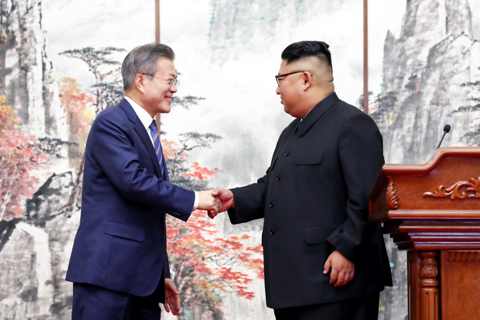 Inter Korean Summit in Pyongyang  Inter Korean Summit, Sep 19, 2018 : North Korean leader Kim Jong Un and South Korean President Moon Jae In shake hands after a joint press conference following their summit at the Paekhwawon State Guest House in Pyongyang, North Korea. North Korean leader Kim agreed to permanently dismantle major missile engine test facilities and a launch pad near its border with China. The two Koreas agreed to intensify cross border exchange and work together for balanced economic development on the Korean Peninsula and agreed to break ground for a joint project to connect railways and roads across their borders within this year as part of efforts to beef up inter Korean cooperation, local media reported. EDITORIAL USE ONLY  Photo by Pyeongyang Press Corps Pool AFLO   NORTH KOREA 