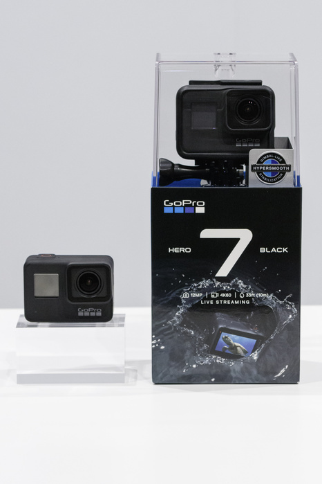 GoPro to unveil new products in Tokyo GoPro Hero 7 Black camera is seen during the presentation of company s new products on September 25, 2018, Tokyo, Japan. The new Hero 7 Black is being promoted as a gimbal killer with its new HyperSmooth filming feature. The top of the range Black model will cost JPY 53,460 in Japan and there are two cheaper Silver and White versions which will be released at the same time.  Photo by Rodrigo Reyes Marin AFLO 