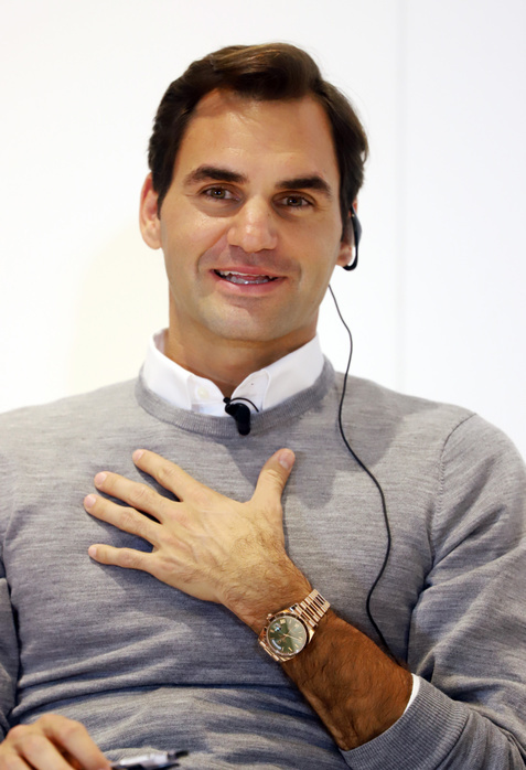 UNIQLO Global Brand Ambassador inauguration press conference October 2, 2018, Tokyo, Japan   Swiss tennis star Roger Federer speaks as he has a talk show with Japan s fast fashion giant Uniqlo president Tadashi Yanai at a press event in Tokyo as Federer became Uniqlo s global brand ambassador on Tuesday, October 2, 2018.    Photo by Yoshio Tsunoda AFLO  LWX  ytd 