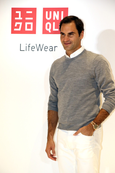 UNIQLO Global Brand Ambassador inauguration press conference October 2, 2018, Tokyo, Japan   Swiss tennis star Roger Federer poses for photo after he had a talk show with Japan s fast fashion giant Uniqlo president Tadashi Yanai at a press event in Tokyo as Federer became Uniqlo s global brand ambassador on Tuesday, October 2, 2018.    Photo by Yoshio Tsunoda AFLO  LWX  ytd 