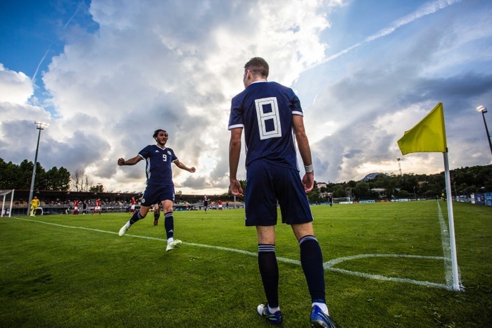 2018 Toulon International Michael Johnston  SCO   8 celebrates with his teammate Fraser Hornby  9 after scoring the opening goal during the 2018 Toulon Tournament Semi final match between U 21 Scotland 1 3 U 21 England at Stade de Lattre de Tassigny in Aubagne, France, June 6, 2018.  Photo by AFLO 