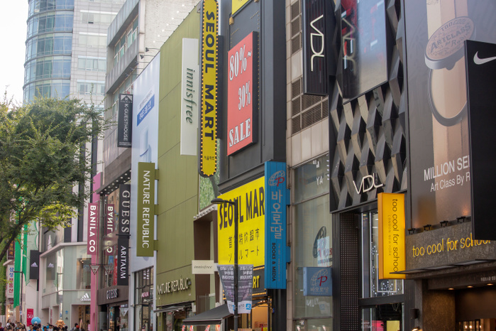 Street signboards and trademarks are seen at Myeongdong in Seoul Myeongdong street, Oct 4, 2018 : Street signboards and trademarks are seen at Myeongdong in central Seoul, South Korea. Myeongdong is South Korea s most expensive commercial district and one of Seoul s main shopping and tourism districts.  Photo by Lee Jae Won AFLO   SOUTH KOREA 