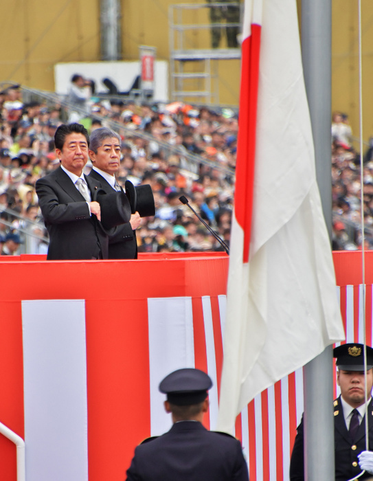 Japan Self Defence Force review of troops Japan s Prime Minister Shinzo Abe salutes during the Self Defense Forces Day at Camp Asaka in Asaka, Saitama Prefecture, Japan on October 14, 2018.  Photo by AFLO 