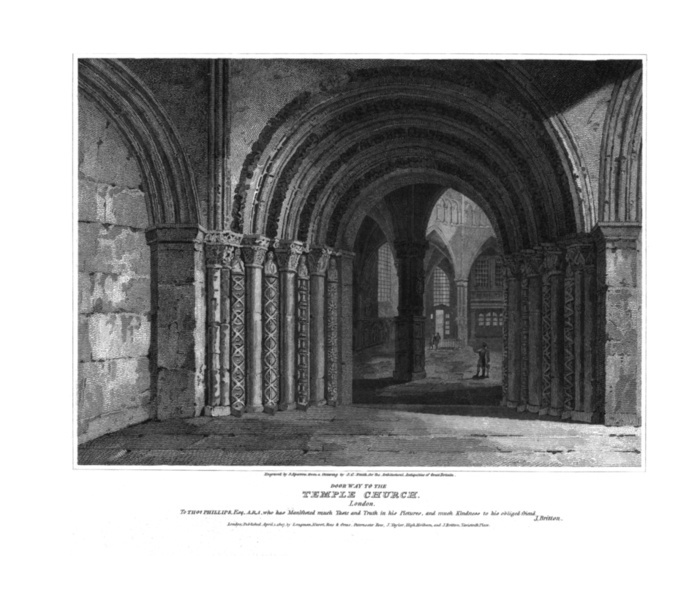  Doorway to the Temple Church. London. , late 18th century. Artist: JC Smith.  Doorway to the Temple Church. London. , late 18th century. The Temple Church in London was built as the English headquarters of the Knights Templar in the late 12th century. It was consecrated in 1185. Inscribed  To Thomas Phillip, Esq. A.R.A. Who has Manifested much Taste and Truth in his pictures and much kindness to his obliged friend J.Britton . From The Architectural Antiquities of Great Britain.  Published by Longman, Hurst, Rees and Orme 