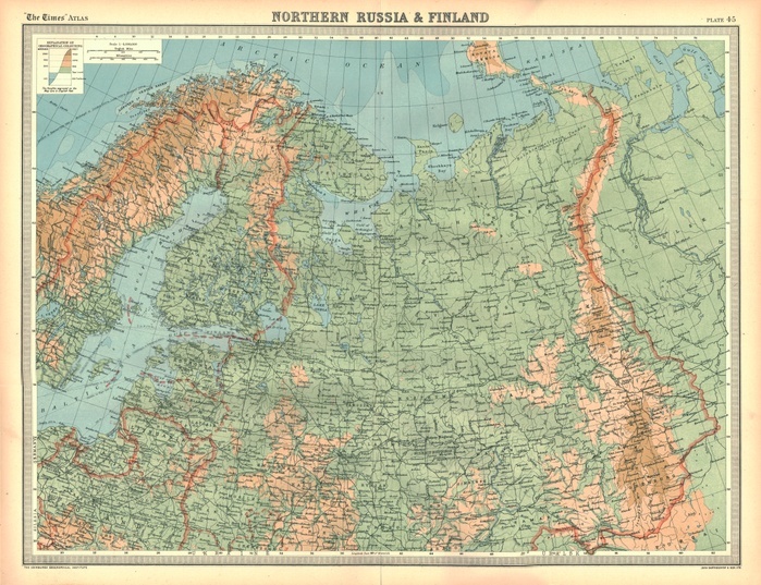 Map of Northern Russia and Finland. Artist: Unknown. Map of Northern Russia and Finland, showing the Arctic Ocean. Plate 45 from The Times Atlas.
