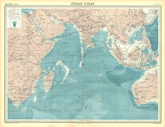 Map of the Indian Ocean. Artist: Unknown. Map of the Indian Ocean. Map showing the Indian subcontinent, East Africa, the Arabian peninsula, Indo China and Western Australia. Plate 54 from The Times Atlas.