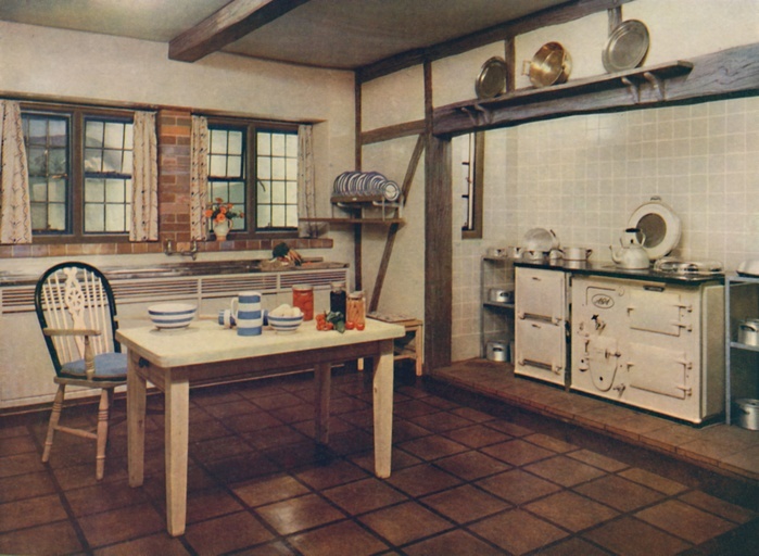 A farmhouse kitchen redesigned by Mrs. Darcy Braddell, London , 1936. Artist: Unknown.  A farmhouse kitchen redesigned by Mrs. Darcy Braddell, London , 1936. Glazed tiles by Carter  amp  Co, original oak stripped and treated, cork tiles on floor, quarry tiles by cooker.  Neverstane  stainless steel sink by Benham  amp  Sons Ltd, coke burning Aga cooker model 21, finished in non cracking vitreous enamel, available to buy on hire purchase  at a guaranteed maximum cost of   xa3 5 per annum . Crockery, TG Green  amp  Co s Cornish kitchen ware. From Decorative Art 1936   Year Book of The Studio, by C.G. Holme.  The Studio Limited, London, 1936 