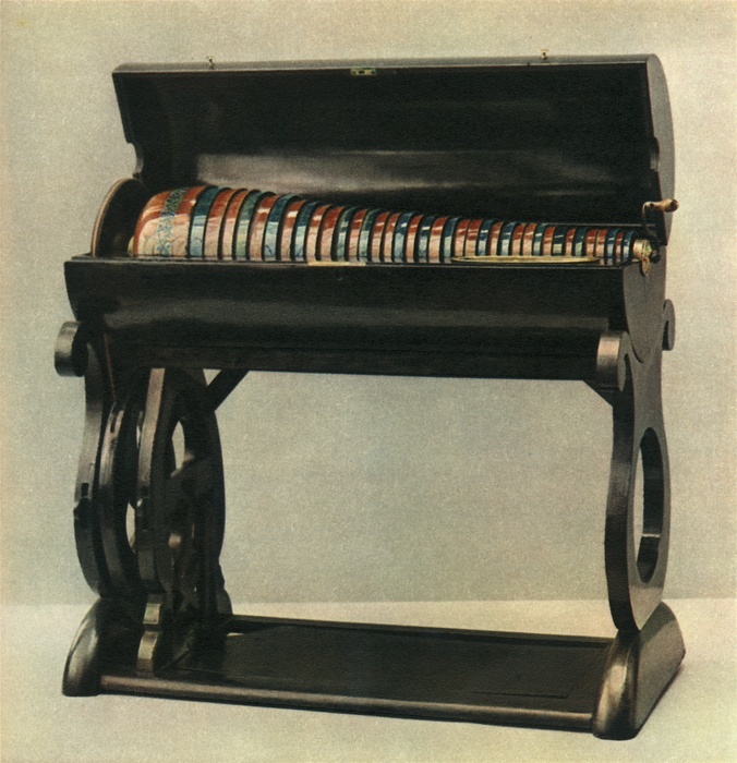  Czech glass harmonica from the first half of the nineteenth century , 1948. Artist: Unknown.  Czech glass harmonica from the first half of the nineteenth century , 1948. From Musical Instruments Through the Ages, by Dr. Alexander Buchner.  Spring Books, London, 1948 