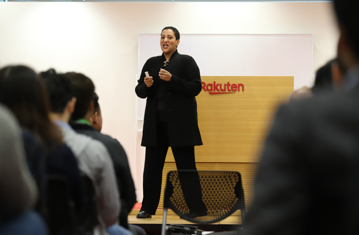 Rakuten Unveils Program to Make English Official Language October 24, 2018, Tokyo, Japan   Tsedal Neeley of Harvard Business School gives a lecture about language and globalization to Japan s e commerce giant Rakuten employees at the Rakuten headquarters in Tokyo on Wednesday, October 24, 2018 as she published a book  The Language of Global Success   How a Common Tongue Transforms Multinational Organization  in English and Japanese. English is adopted for the official language in Rakuten several years ago.     Photo by Yoshio Tsunoda AFLO  LWX  ytd