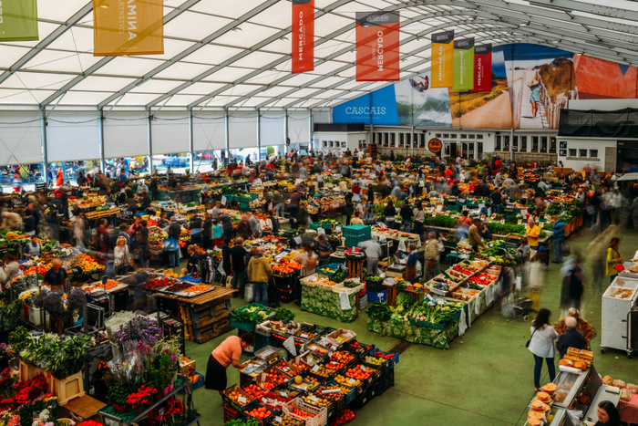 The Cascais Market is the place to go for inexpensive and fresh local fish, fruits, vegetables, cakes, and flowers. The Cascais Market for fresh local fish, fruit, vegetables, cakes and flowers, Cascais, Portugal, Europe, Photo by Alexandre Rotenberg