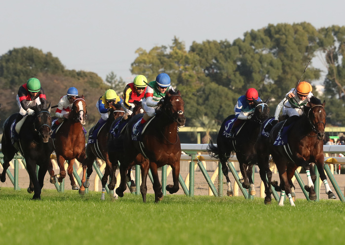 2018 Tennoushou Autumn  G1  won by Ray Deoro October 28, 2018, Tokyo, Japan   French jockey Christophe Lemaire riding Rey de Oro  C, blue cap  wins the Tenno Sho, Autumn at the Tokyo Racecouse in Tokyo on Sunday, October 28, 2018. Rey de Oro wins 2,000m race with a time of 1 minutes 56.8 seconds, while Joao Moreira  L, green  of Brazil riding Sungrazer finished the second and Yuga Kawada riding Kiseki finished the third  R, orange .     Photo by Yoshio Tsunoda AFLO  LWX  ytd 