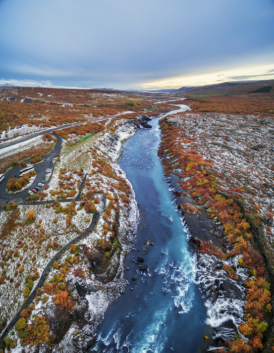 Hraunfossar Waterfalls, Iceland Hraunfossar waterfalls in the autumn, Borgafjordur, Iceland. This image is shot using a drone., Photo by Ragnar Th. Sigurdsson