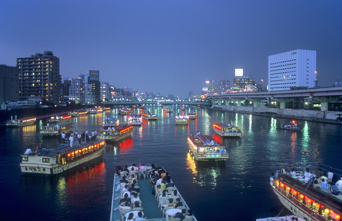 Sumida River Houseboat Asakusa.Ships in Sumida River,near Azuma bashi Bridge.Tokyo city,Japan,Asia 1 18 2011