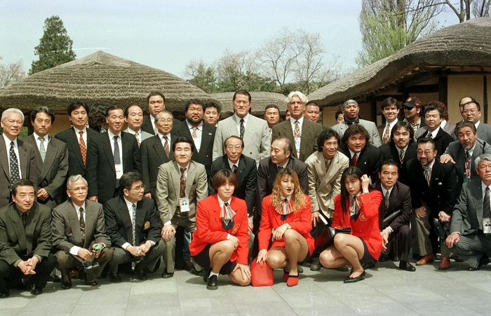 A. Inoki North Korea  Festival of Peace Antonio Inoki  center of back row  and his group visit the birthplace of the late Kim Il Sung in Mangyongdae, North Korea, to participate in the Pyongyang International Sports and Cultural Celebration for Peace, April 29, 1995  Date   Photo date . 19950429  date   document location  Mangyongdae, North Korea