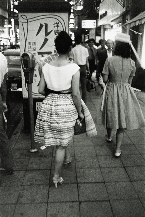  Miyuki Tribe  1964  Miyuki, 1964  Showa 39  : White blouse and long, fluffy skirt with low heeled shoes. At Miyuki dori in Ginza.
