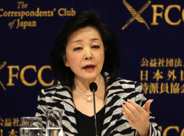 Yoshiko Sakurai s Press Conference at FCCJ November 16, 2018, Tokyo, Japan   Japanese conservative journalist Yoshiko Sakurai speaks at the Foreign Correspondents  Club of Japan in Tokyo on Friday, November 16, 2018. Sapporo district court rejected former Asahi Shimbun journalist Takashi Uemura s lawsuit seeking compenstion of damages against Sakurai s comment  fabricated article  for the issues on Korean comfort women during the WWII by Uemura.     Photo by Yoshio Tsunoda AFLO  LWX  ytd 